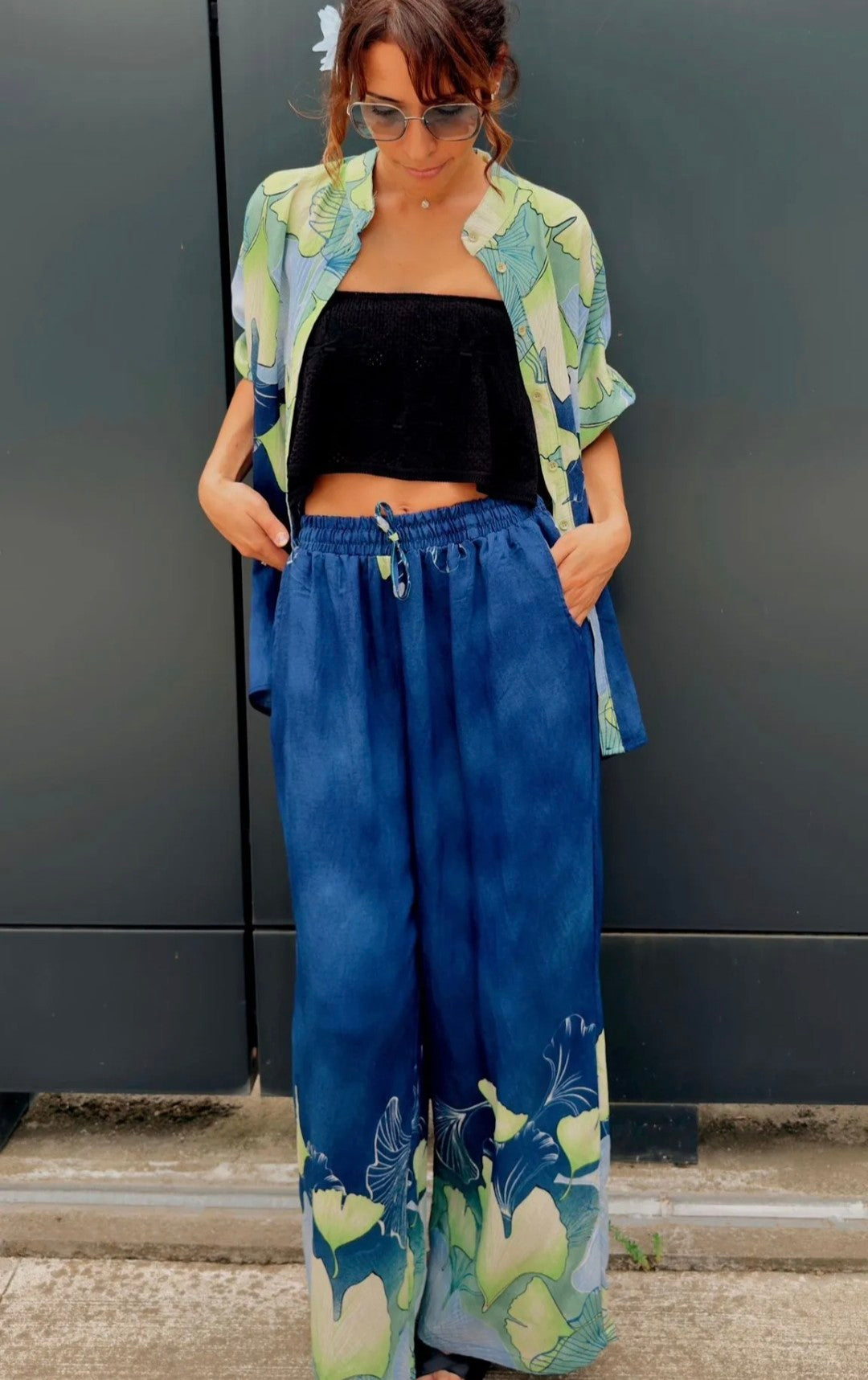 Matching set blauw met groene print