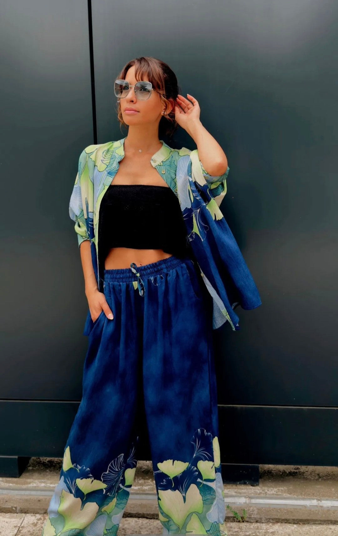 Matching set blauw met groene print