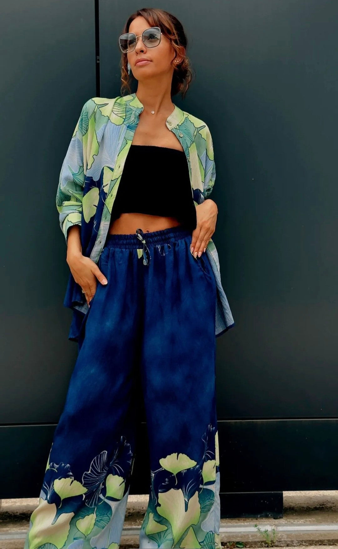 Matching set blauw met groene print