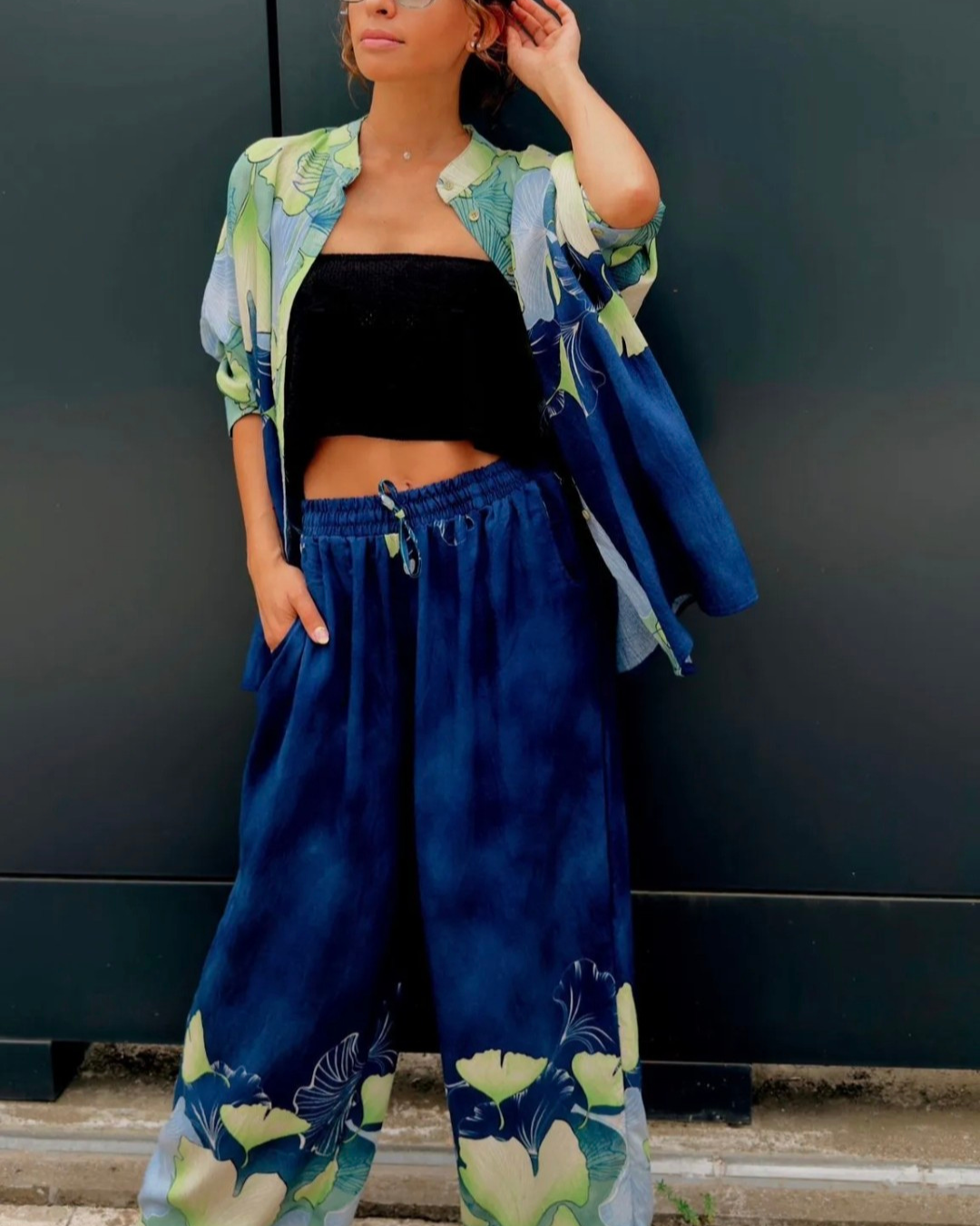 Matching set blauw met groene print