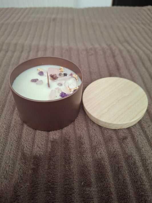 Kaars met edelstenen: Amethyst, Bergkristal, Rozenkwarts